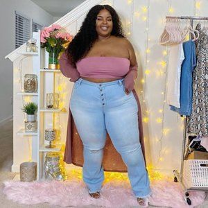 (7) Light 5 Button Flare Jean + Fringe Hem